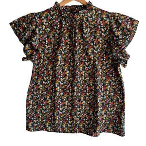 ELINGS Black Floral Ruffle Sleeve Mock Neck Blouse XL Boho Romantic Floral Top